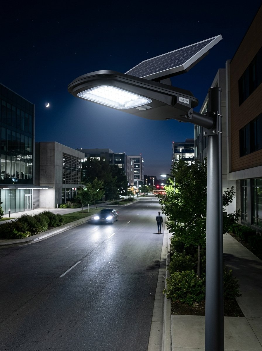Glidell Commercial Solar Street Light Installed on Road at Night
